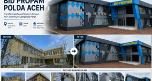 Pemasangan fasad ACP Dekkson PVDF Alloy 5005 pada Gedung PROPAM Polda Aceh di Banda Aceh